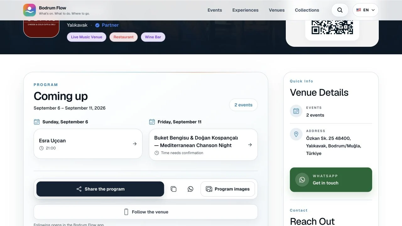 Página de programação de um espaço em inglês, com próximos eventos e opções de contacto direto
