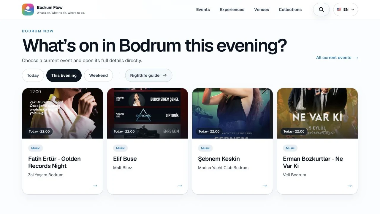 Bodrum Flow’un etkinlik keşfi ve program filtrelerini gösteren İngilizce web arayüzü